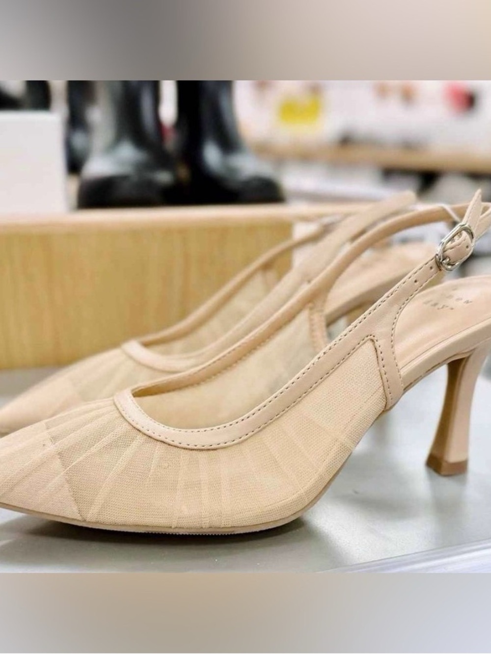 Beige Mesh Slingback Pointed-Toe Heels